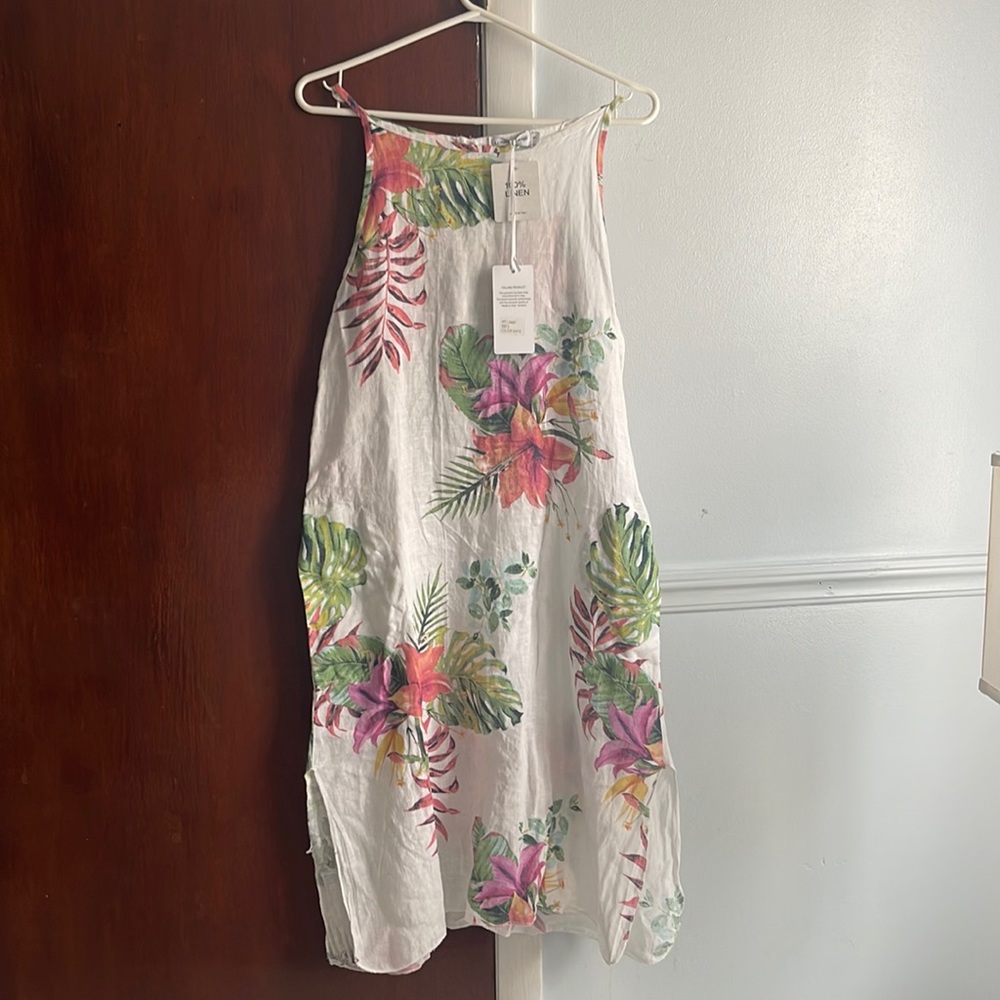 LUNGO L’ARNO 100% LINEN FLORAL DRESS
